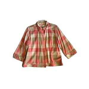 LARGE CHRISTOPHER & BANKS TAN PINK WHITE PLAID FLANNEL BUTTON UP COLLARED SHIRT